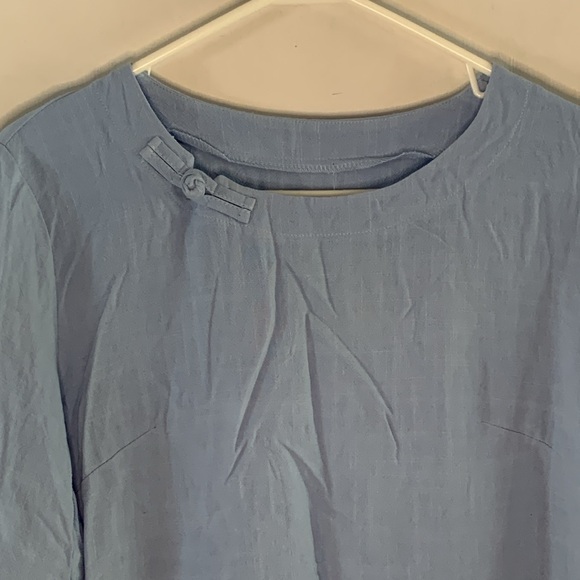 Powder blue cotton linen blend blouse with knot accent, 3:4 sleeves Size Large - Picture 2 of 8
